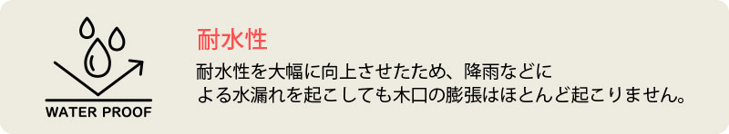 耐水性　耐水性を大幅に向上させたため、降雨などに
よる水漏れを起こしても木口の膨張はほとんど起こりません。